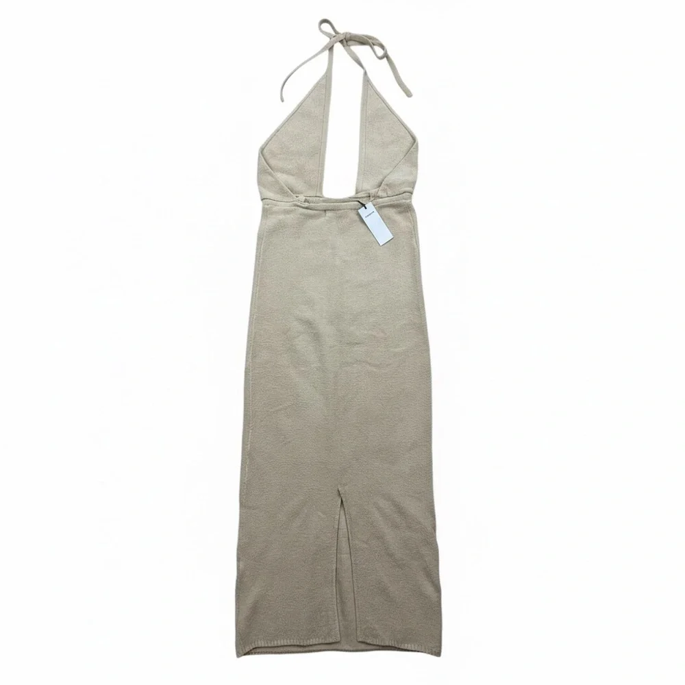 Pampelone Faiza Halter Midi Dress Beige Linen Blend NWT Size Small